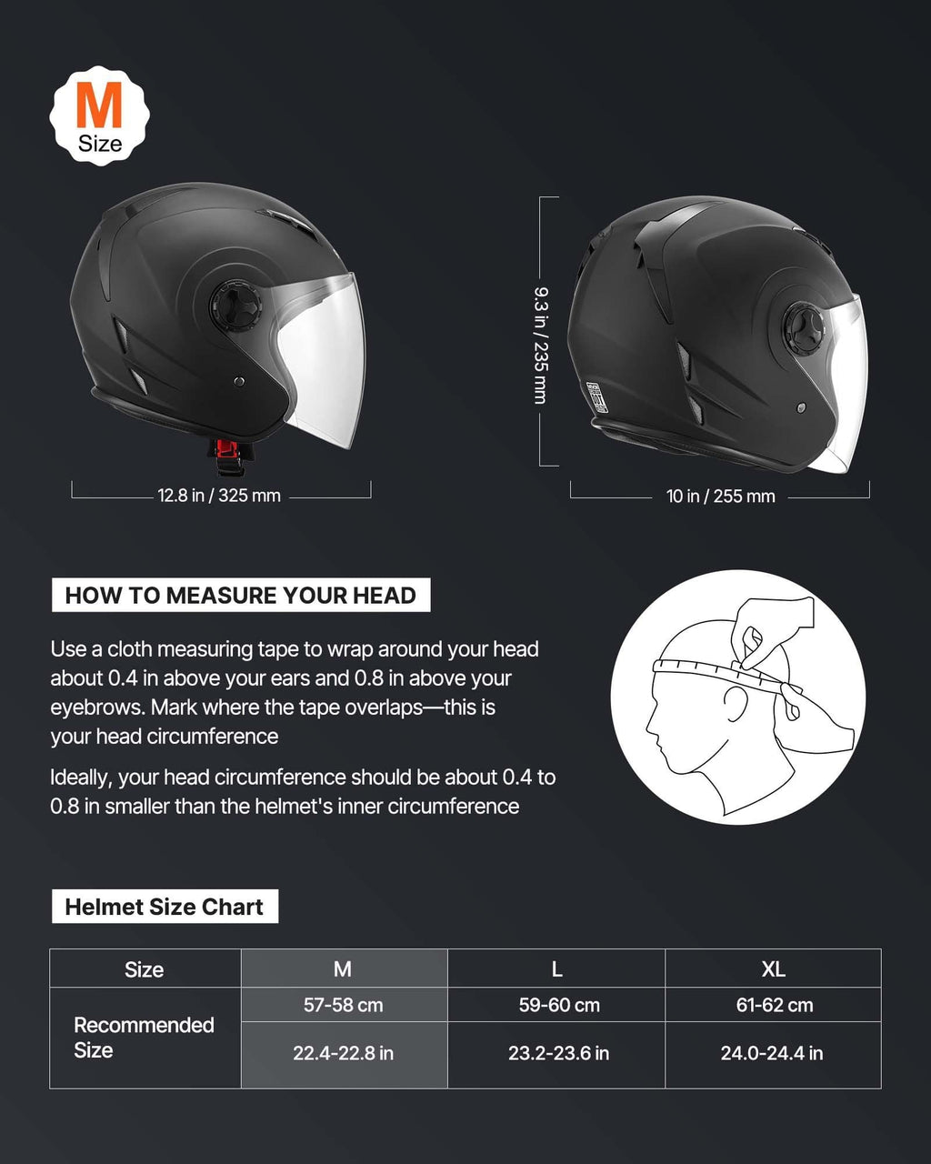 Adult 3/4 Open Face Motorcycle Helmet, DOT Certified Motocross Dirt Bike Helmet with Clear Wide Visor, Detachable Washable Liner, Comfortable Street & Racing Motorbike Helmet for Men & Women, Matte B