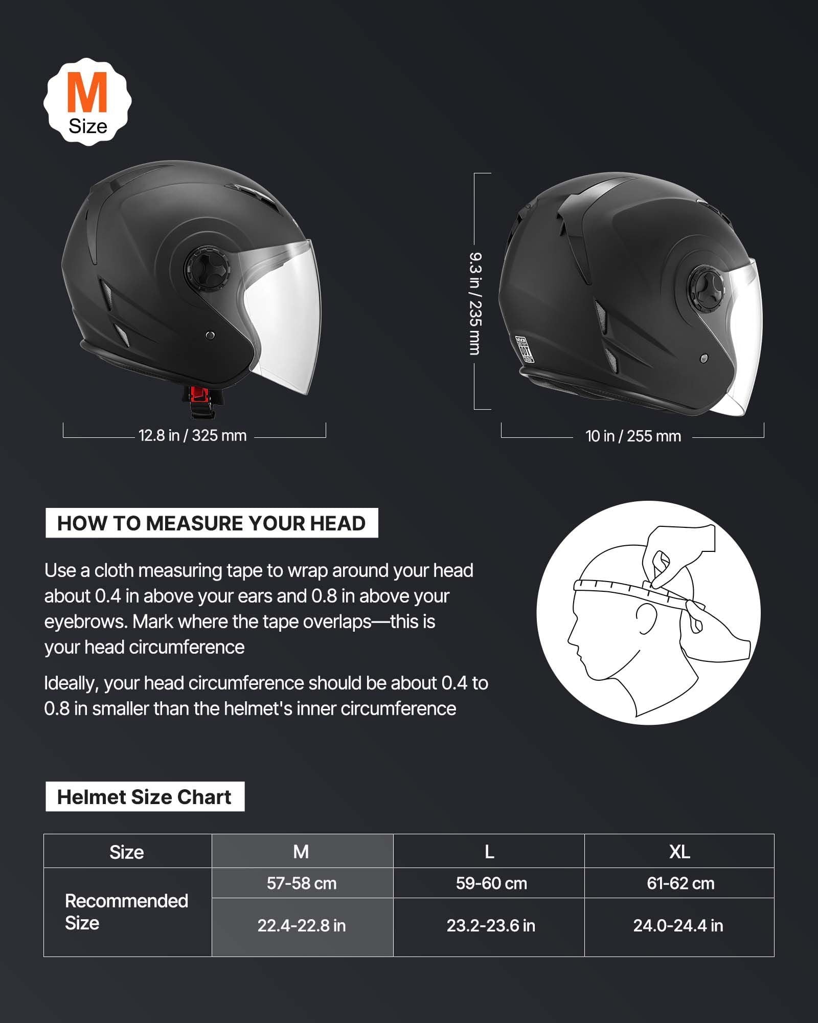 Adult 3/4 Open Face Motorcycle Helmet, DOT Certified Motocross Dirt Bike Helmet with Clear Wide Visor, Detachable Washable Liner, Comfortable Street & Racing Motorbike Helmet for Men & Women, Matte B