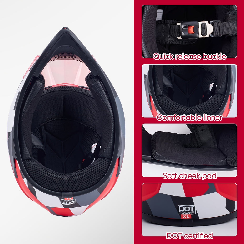 Motorcycle Full-Face Adult Helmet, DOT Approved Motocross ATV Offroad Dirt Bike Helmet, L Size, Red