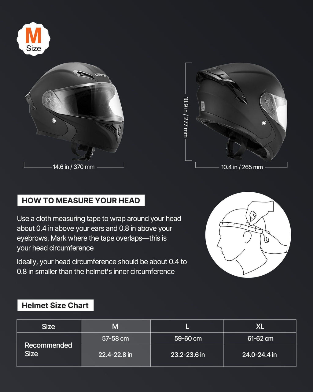 Motorcycle Helmet, Modular, Adult Motocross Dirt Bike Helmet with Large Clear Visor, Comfortable Motorbike Racing Street with Detachable Liner for Men & Women, DOT Approved, (Matte Black, M)