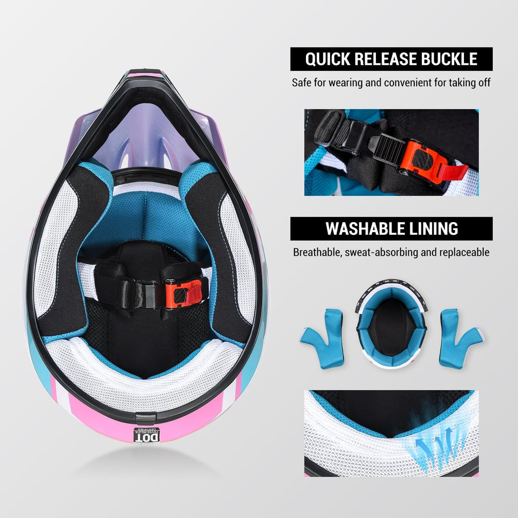Youth Dirt Bike Helmet DOT Certified - Full Face Motorcycle Helmet for Off-Road, ATV, Street Riding, Includes Adjustable Goggles & Protective Gloves