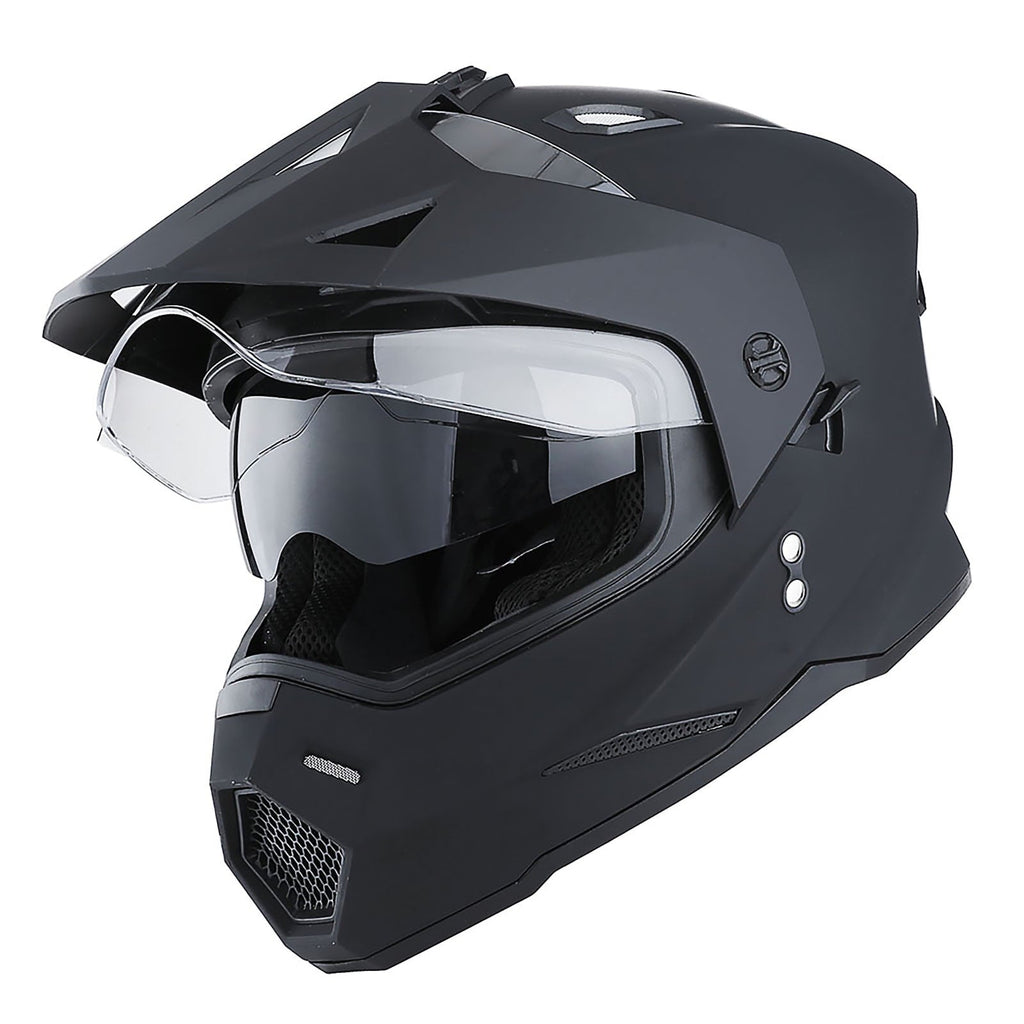 1Storm Dual Sport Motorcycle Motocross Off Road Full Face Helmet Dual Visor HF802 Matt Black + Motorcycle Bluetooth Headset