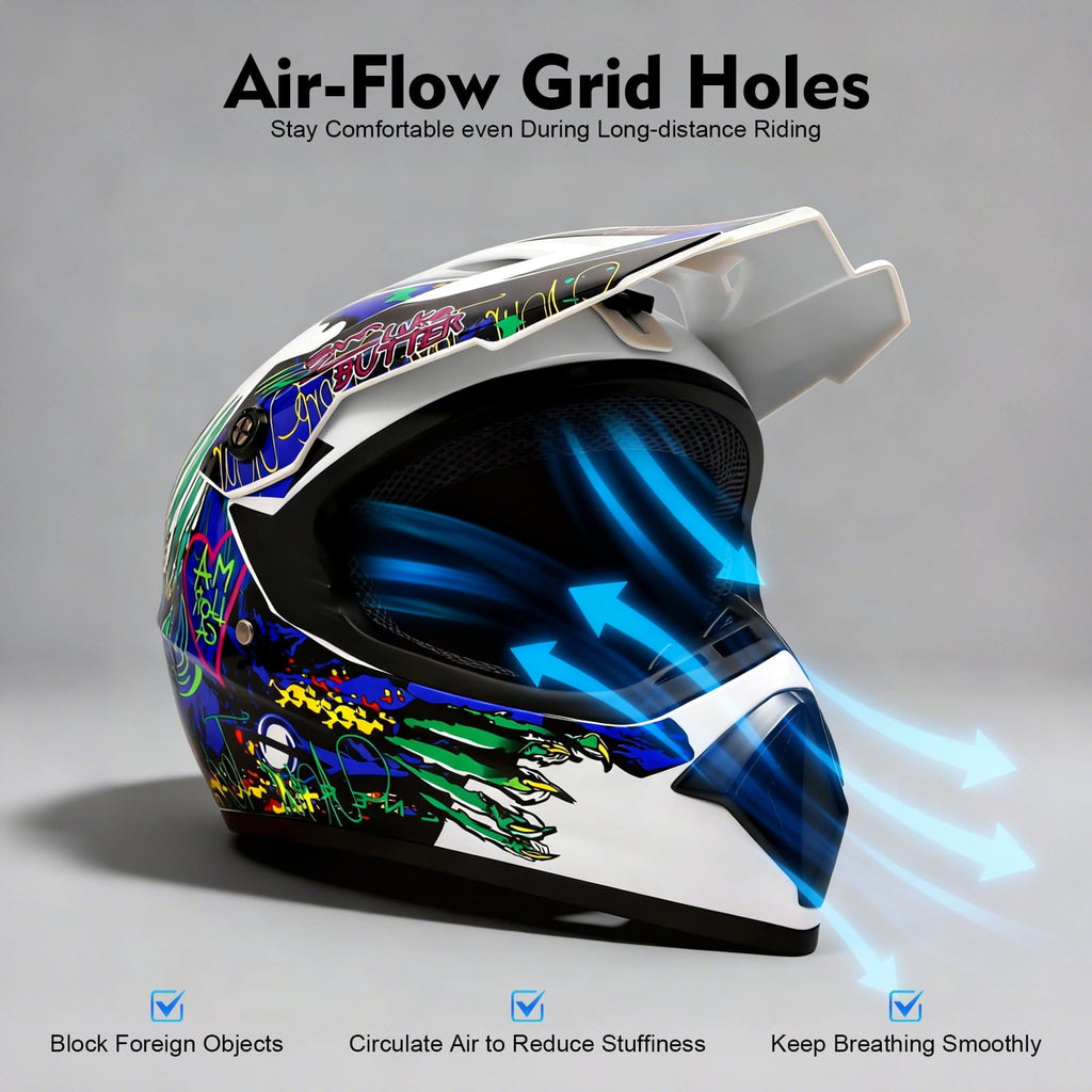 DOT Unisex Motocross Helmet with Goggles & Gloves, Impact Resistant, Well-Vented for Summer/Winter, Off-Road Riding, ATV MX BMX Dirt Bike Racing