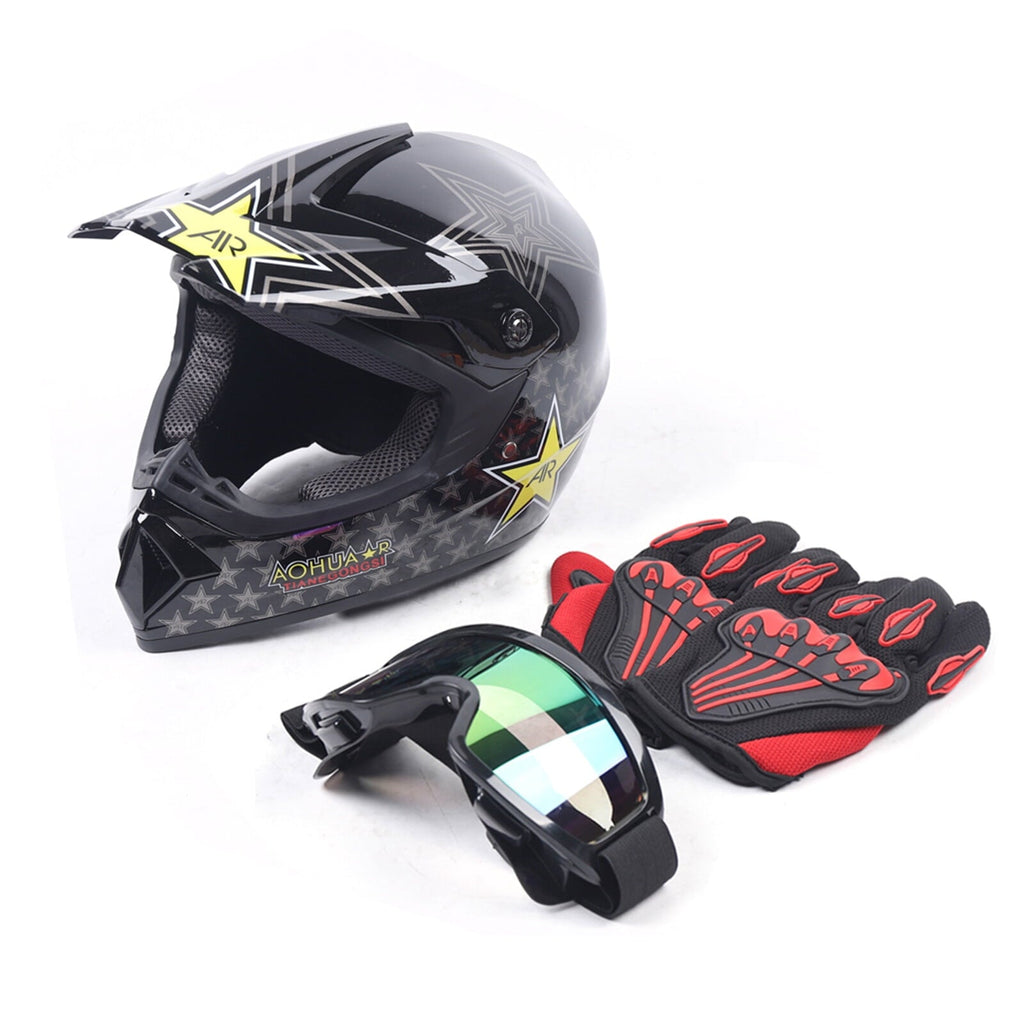 DOT Certified Motocross Helmet Set, Full-Face Off-Road ATV MX BMX Dirt Bike Helmet, Includes Goggles & Gloves, Impact Resistant, Ventilated, Unisex, M Size