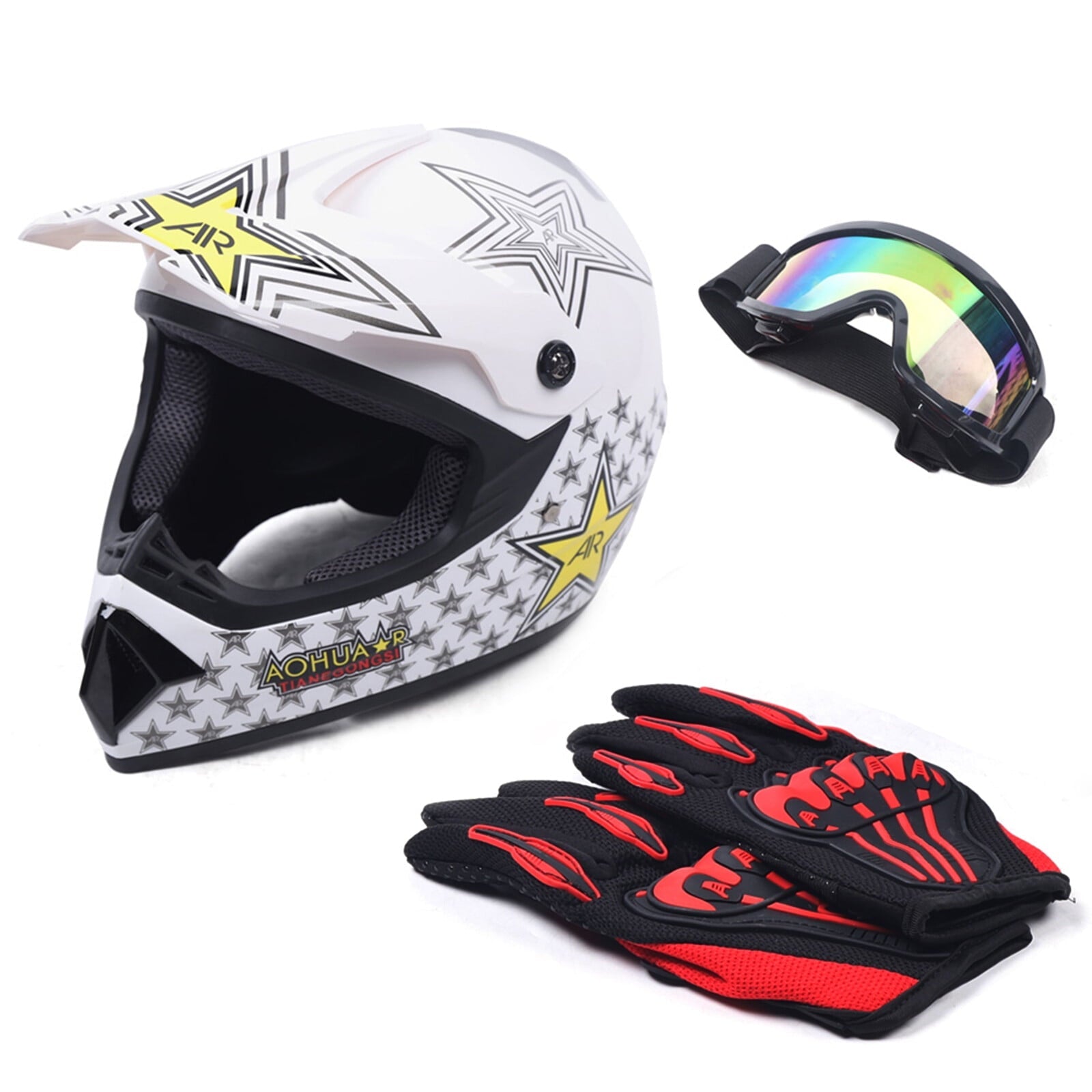 DOT Motorcycle Adult Helmet +Goggles +Gloves Motocross MX ATV Dirt Bike Off-Road