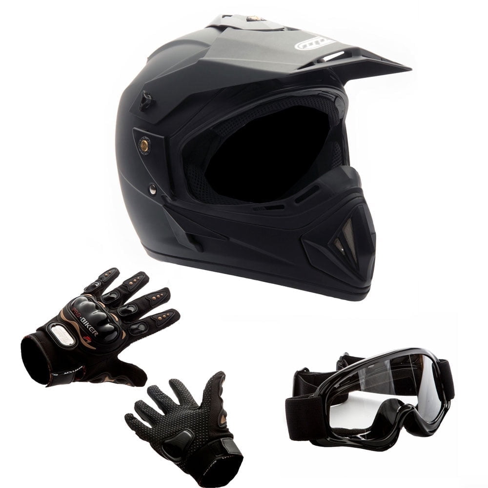 MMG Adult Motorcycle Off Road Helmet Combo, Includes Riding Gloves and Goggles. Size: Large - Color: Matte Black