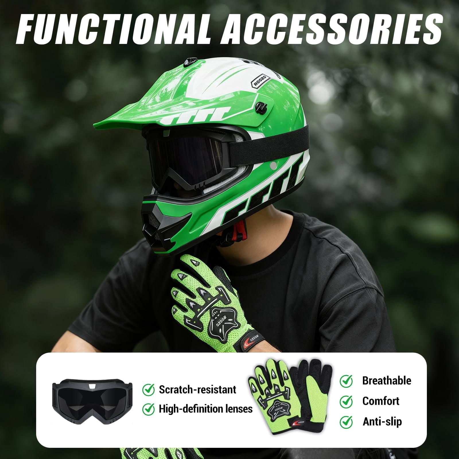 ROOZO Youth Dirt Bike Helmet â€?DOT Certified Full Face Motorcycle Helmet with Goggles & Gloves