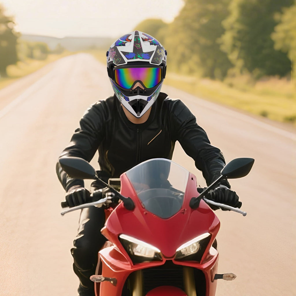 22.44-22.83in Suitable Head Helmet Set Helmet Set with Goggles and Gloves Motorcycle Off-Road Helmet Set