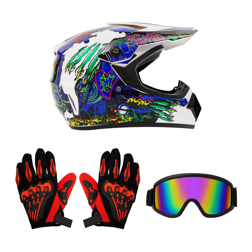 DOT Unisex Motocross Helmet with Goggles & Gloves, Impact Resistant, Well-Vented for Summer/Winter, Off-Road Riding, ATV MX BMX Dirt Bike Racing