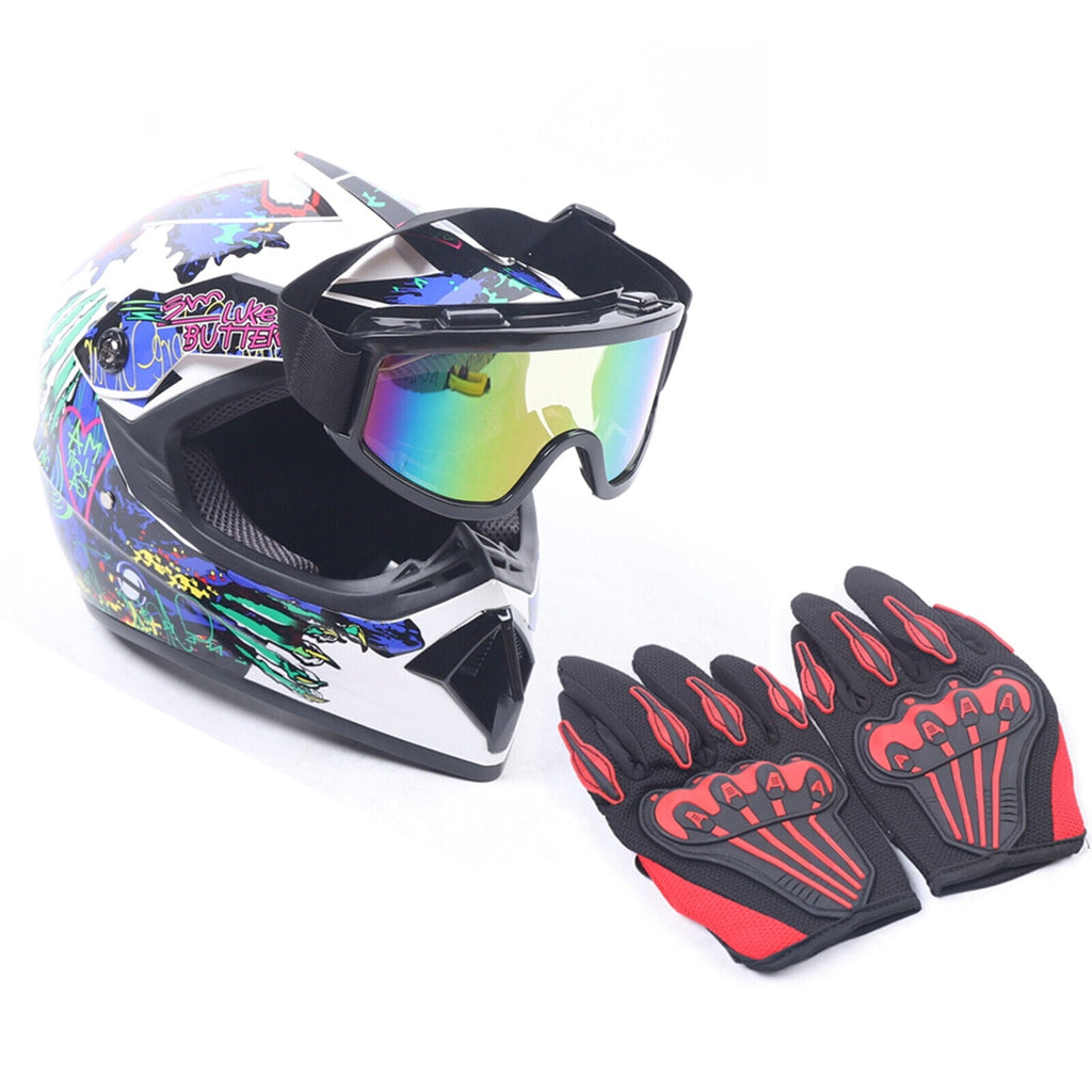 Youth Offroad Gear Combo Helmet Gloves Goggles DOT Motocross Off-Road Racing ATV Dirt Bike Protector