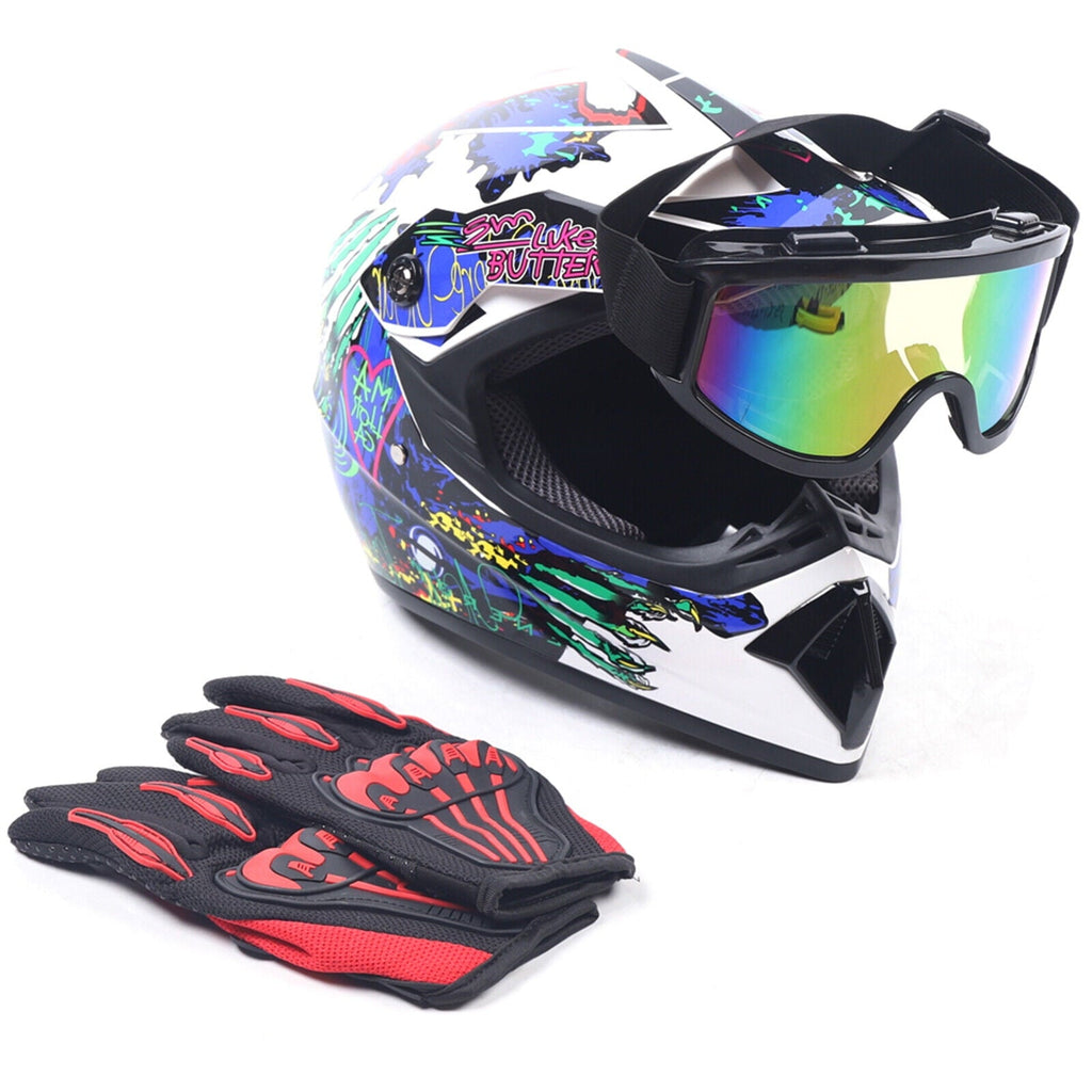 Youth Offroad Gear Combo Helmet Gloves Goggles DOT Motocross Off-Road Racing ATV Dirt Bike Protector